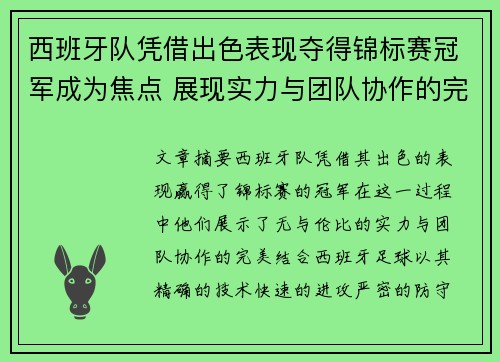 西班牙队凭借出色表现夺得锦标赛冠军成为焦点 展现实力与团队协作的完美结合