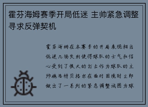 霍芬海姆赛季开局低迷 主帅紧急调整寻求反弹契机