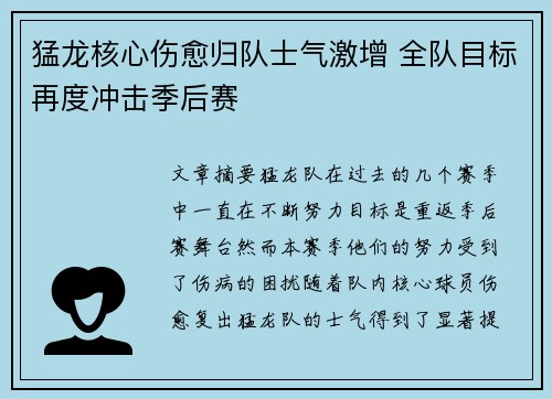 猛龙核心伤愈归队士气激增 全队目标再度冲击季后赛