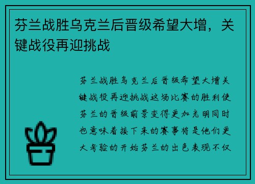 芬兰战胜乌克兰后晋级希望大增，关键战役再迎挑战