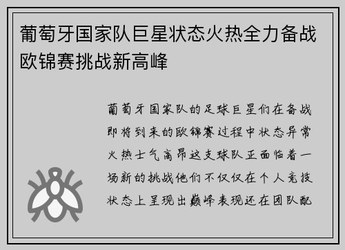 葡萄牙国家队巨星状态火热全力备战欧锦赛挑战新高峰