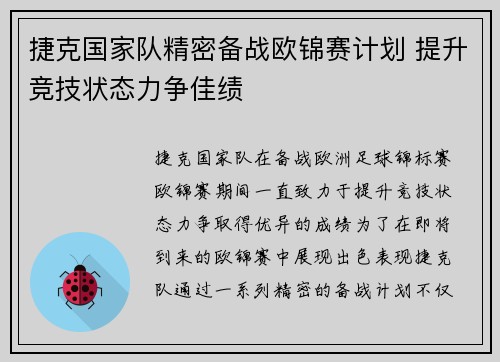 捷克国家队精密备战欧锦赛计划 提升竞技状态力争佳绩